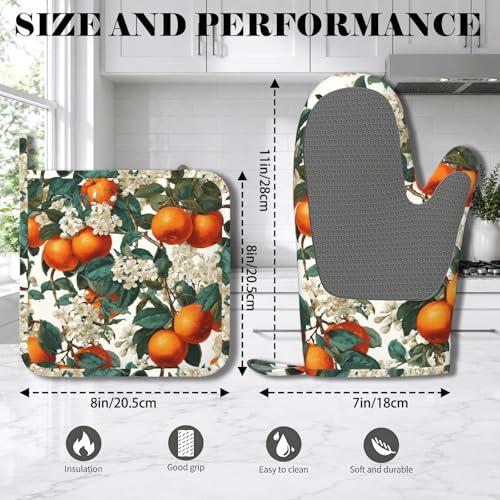 Oranges Leaves Oven Mitts and Pot Holders Sets White Flowers Silicone Heat Resistant Kitchen Oven Gloves Pot Holder for Cooking Baking Grilling BBQ - color: Oranges Leaves