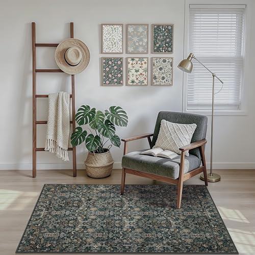 Vintage Botanical Area Rug 2x3: Floral Carpet Non-Slip - Dark Green | Classic Dark Tone Pattern Fits Compact Living Spaces - Washable, Stain Resistant, Low Pile for Entryway Pet Friendly - color: Dark Green, size: 2' x 3' (Rectangular)