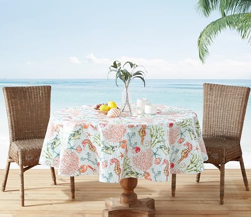 Newbridge Vinyl Round Tablecloth with Flannel Backing, 70 Inch, Neponsit Sea Life, Waterproof, Soil Resistant Dining Room, Party and Banquet Table Cover, Starfish, Seahorses and Coral, Blue - size: 70" (Round)