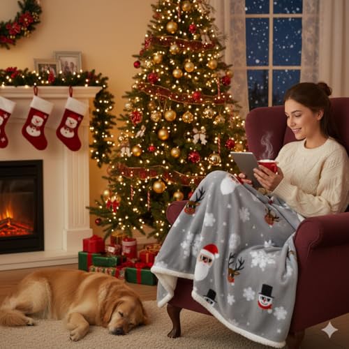 Catalonia Christmas Sherpa Throw Blanket, Xmas Theme Throws, Plush Fleece Couch Blanket |Super Soft, Comfy, Cozy, Fluffy, Warm | 50x60 inch, Ugly - color: Santa Deer Grey, size: 50"x60"