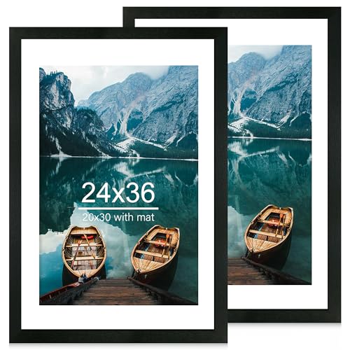 Hongkee 24x36 Poster Frame Set of 2, Rustic Black Wood Style - Display 24 x 36 Poster without Mat or 20x30 Picture with Mat, Wall Mounting Horizontal and Vertical - color: Rustic Black, size: 24x36 in