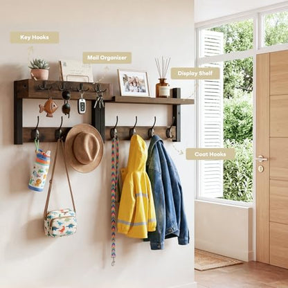 Coat Rack Wall Mount with Shelf & Mail Organizer,29 Inch Wall Shelf with 7 Coat Hooks and 4 Key Hooks for Entryway,Living Room,Bedroom,Offices(Rustic Brown) - color: Rustic Brown