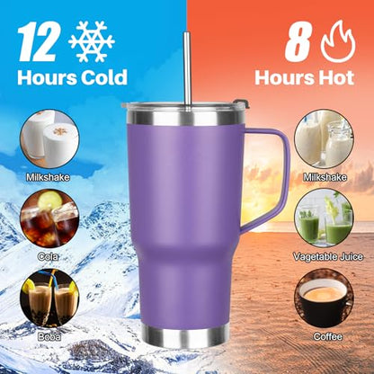 20 oz Tumbler with Handle, Stainless Steel Insulated Tumbler with Lid and Straw, Double Wall Vacuum Coffee Mug Tumbler, Insulated Coffee Thermal Cup for Cold and Hot (Purple) - color: Purple, size: 20 Ounces