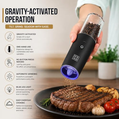 Automatic Electric Gravity Salt and Pepper Grinder Set, Rechargeable, One-Hand Operation, Dual USB-C Charging Cable, Adjustable Ceramic Burr, LED Light, 3.4 Oz - color: Black