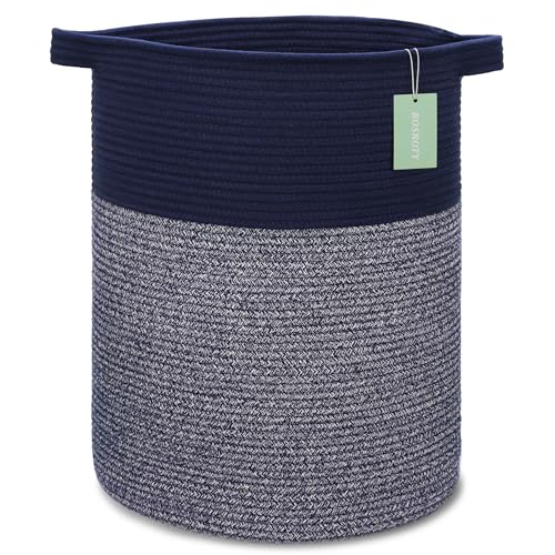 Cotton Rope Blanket Basket, 72L Tall Laundry Hamper, Navy Blue | 16"x 22", Collapsible Large Nursery Hamper, Sturdy Handles for Clothes Toys Towels, Ideal for Bedroom Bathroom Living Room - color: Navy Blue, size: 72L (16"x22")