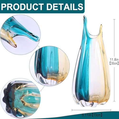 Hand Blown Glass Vase, Medium Wide Mouth Flower Vase Unique Modern Turquoise Glass Art Decor, Nonbreakable Vases for Table Centerpieces Living Room Decorative Amber and Teal Vase - size: Tall