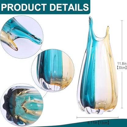 Hand Blown Glass Vase, Medium Wide Mouth Flower Vase Unique Modern Turquoise Glass Art Decor, Nonbreakable Vases for Table Centerpieces Living Room Decorative Amber and Teal Vase - size: Tall