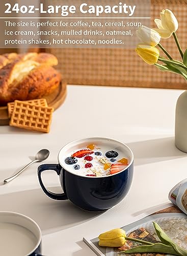 Teocera Porcelain Coffee Mugs, Soup Mugs Bowls with Handle, 24 oz Latte Mugs Set of 4 - Striped Design, Navy - color: Navy