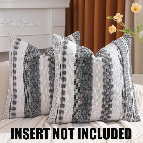 Grey Throw Pillow Covers 18x18 Set of 2 Boho Stripe Pillow Covers Tufted Decorative Pillow Case Accent Pillowcase Farmhouse Cushion Case Nuetral Textured Pillow Cover Spring Home Decor | Durable Fabric,Stripe Pillow Covers,Farmhouse Cushion Case,Chenille
