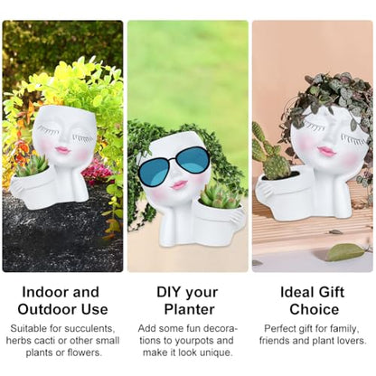 Face Planter Pot, Lady Head Planter with Drainage Holes, White | Dual-compartment lady head planter with drainage holes for succulents, cactus, and air plants - color: White