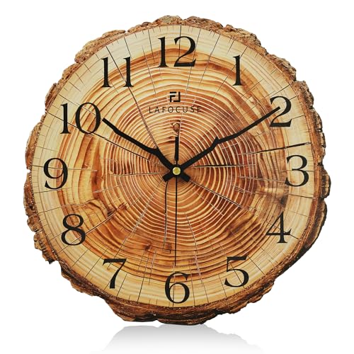 Lafocuse 12 Inch Brown Wooden Rustic Wall Clock for Kitchen Living Room | Annual Ring Tree Stump Design, Battery Operated, Silent Non Ticking, Durable Thickened Dial, Vintage Farmhouse Home Decor - color: Brown