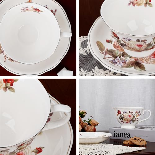 fanquare White Rose Tea Cup and Saucer with Gold Trim, Vintage Bone China Teacup Set with Spoon, 8 oz Coffee Cup for Home Party Gifting | Bone China Tea Cups and Saucers with Gold Trim, Coffee Cup for Home Party Gifting