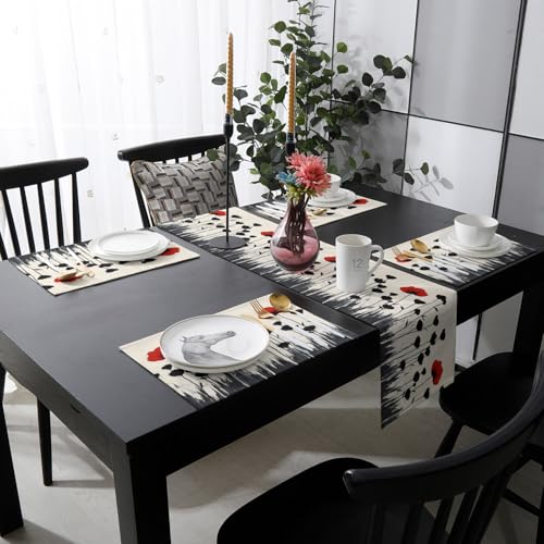 Table Runner and Placemats Set of 6 Abstract Red Floral Decorative Dining Table Runner with Matching Placemats Black Plant Leaf Table Decor for Kitchen Dining Room and Everyday Use 13x70in - size: 13"x70"+6pcs