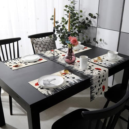 Table Runner and Placemats Set of 6 Abstract Red Floral Decorative Dining Table Runner with Matching Placemats Black Plant Leaf Table Decor for Kitchen Dining Room and Everyday Use 13x70in - size: 13"x70"+6pcs