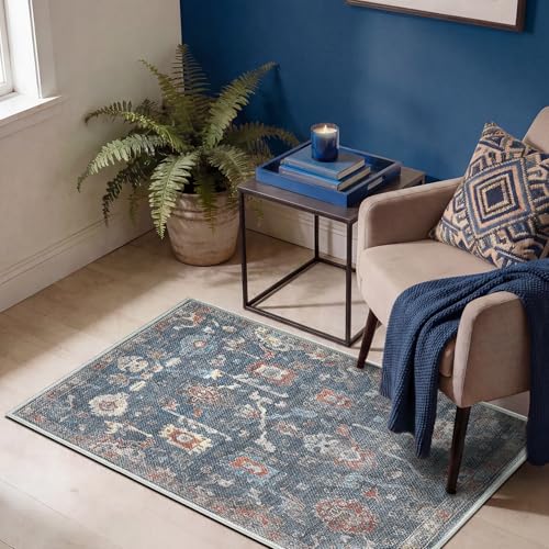 Keen Home Design 24"x36" Rug - Machine Washable Entry Rug with Non-Slip Backing, Ideal for Enteryway, Kitchen, Bathroom, Laundry Room - Vintage, Easy Clean, Durable, Low Pile - (2' x 3') - color: Navy/Amber, size: 2' x 3' (Rectangular)