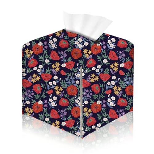 Floral Tissue Box Cover, Tissue Box Holder for Home, Kitchen, 5x5IN - color: Red Flower 376