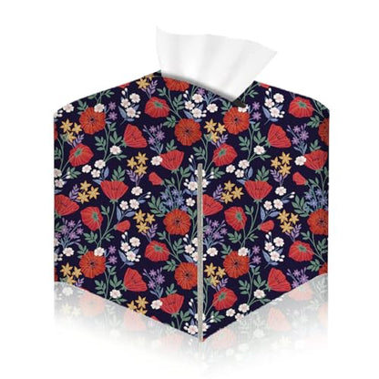 Floral Tissue Box Cover, Tissue Box Holder for Home, Kitchen, 5x5IN - color: Red Flower 376