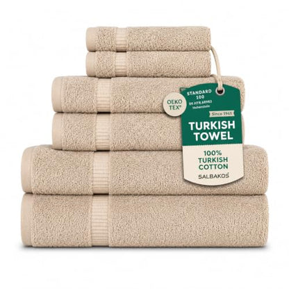 SALBAKOS 100% Turkish Cotton Bathroom Towel Set of 6-Piece, Taupe | 630 Gsm Thick Super Soft Highly Absorbent 2 Bath + 2 Hand + 2 Washcloth Towels Sets, Giftable, Hotel Quality, Made in Turkey - color: Taupe, size: 6 Piece Towel Set