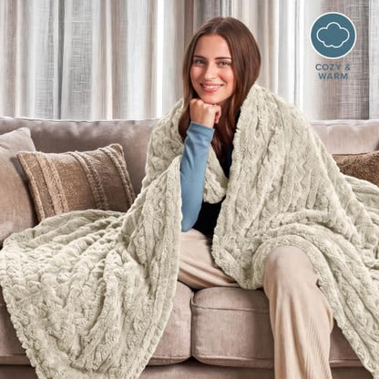 Bare Home Faux Shearling Blanket (Full/Queen, Cable Oyster) | Blanket for Bed, Sofa, Couch, Camping, Travel, and Gifts, Warm & Lightweight, Fluffy & Soft - color: 14 - Cable Oyster, size: Full/Queen