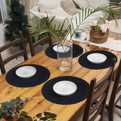 SHACOS Round Placemats Set of 6 Woven Round Table Mats 15 inch Braided Border Washable Cotton Polyester Circle Place Mats, Black (Pack of 2) - color: Black, size: 6 pieces (Pack of 2)