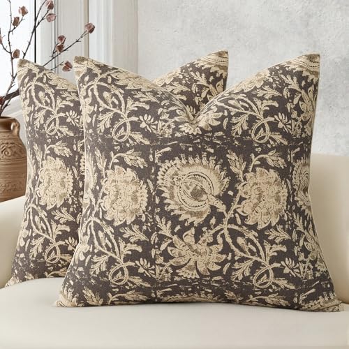 Vintage Floral Print Throw Pillow Covers 22x22 Set of 2 Neutral Modern Farmhouse Accent Decorative Cushion Covers Boho Home Decor for Couch Sofa Chair Bed Living Room, Rustic Gray - color: Rustic Gray, size: 22" x 22" (Pack of 2)