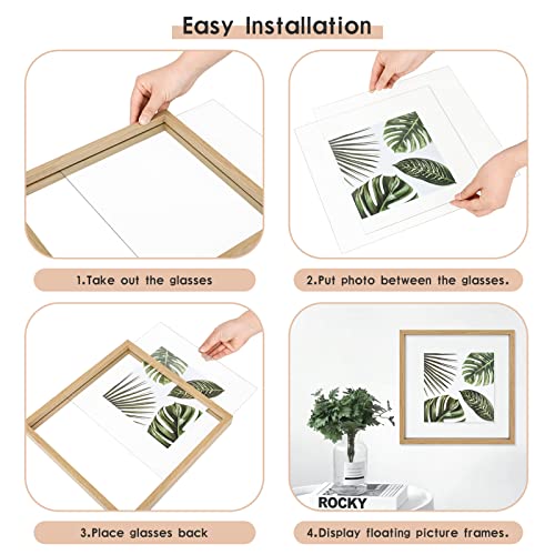 MUYE 12x12 Floating Frame Set of 2,Double Glass Rustic Square Photo Frame,Display Any Size Photo up to 12x12,Wall Mount or Tabletop Standing Natural - color: Natural, size: 12x12