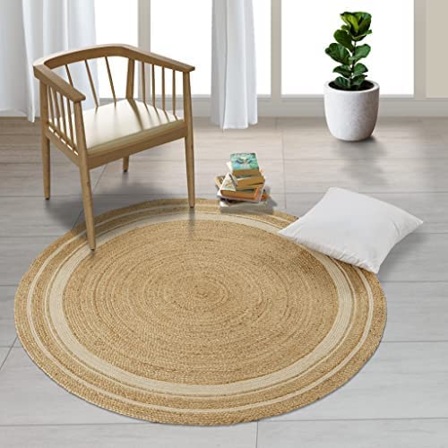 GRUHUM Jute Cotton Area Rug 7 ft Round Natural Ivory Handwoven Braided Rug | 70% Jute 30% Cotton, Boho Soft Rustic Vintage Reversible Low Pile Eco-Friendly Indoor Farmhouse Bedroom Living Room Hallways - color: Natural- 14, size: 7' (Round)