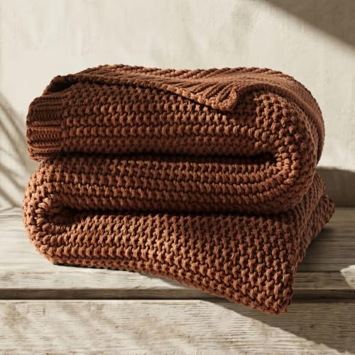 Organic Cotton Chunky Knit Throw Blanket, 60 x 80 Terracotta | OCS Certified Organic Cotton, Seed Stitch Knit, Soft & Breathable, Cozy Midweight, Decorative Throw for Couch, Bed & Sofa - color: Terracotta, size: Twin (60" x 80")