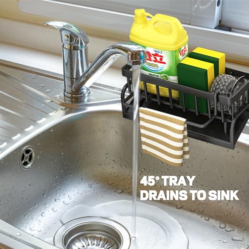 Sponge Holder for Kitchen Sink Organizer Caddy with Auto Drain Tray Plastic - color: Carbon Steel
