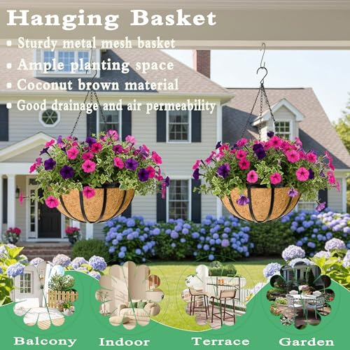 4 Pack 14 Inch Hanging Planters for Outdoor Plants Metal Hanging Planter Basket with Coco Coir Liner Round Plant Black Flat Iron Metal Flower Pots for Deck Patio Porch Garden Balcony - size: 14 Inch