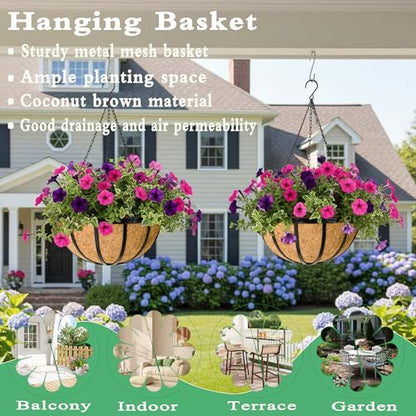 4 Pack 14 Inch Hanging Planters for Outdoor Plants Metal Hanging Planter Basket with Coco Coir Liner Round Plant Black Flat Iron Metal Flower Pots for Deck Patio Porch Garden Balcony - size: 14 Inch