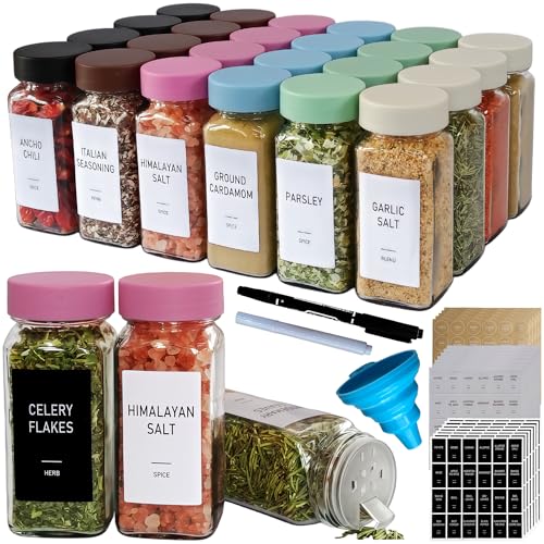 Pink Spice Jars with Labels - 24 Glass Spice with Shaker Lids & Airtight Plastic Caps - 4oz Complete Seasoning Containers Organizer Set for Cabinet, Drawer & Rack (Deeppink) - color: Deeppink