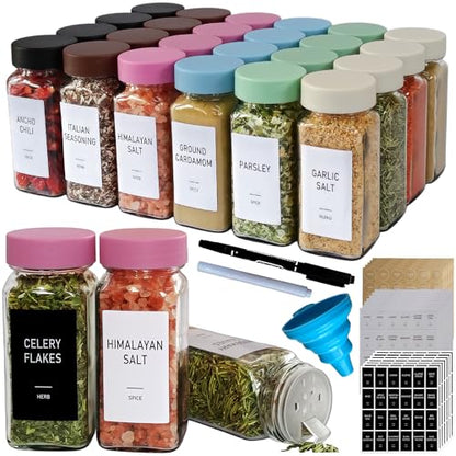 Pink Spice Jars with Labels - 24 Glass Spice with Shaker Lids & Airtight Plastic Caps - 4oz Complete Seasoning Containers Organizer Set for Cabinet, Drawer & Rack (Deeppink) - color: Deeppink
