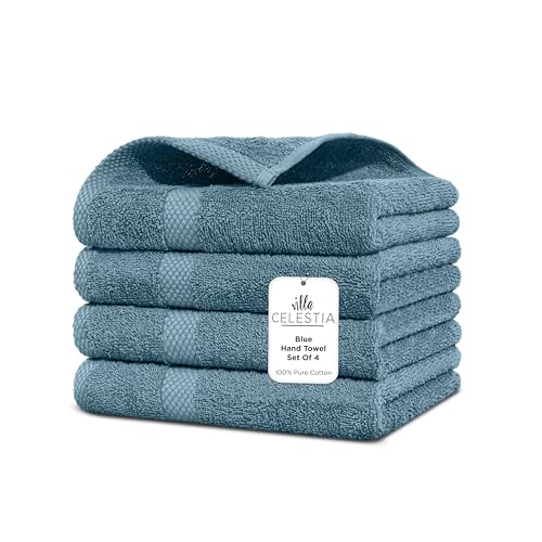 Villa Celestia Cotton Hand Towels Set of 4, 16 x 28, Oeko-TEX Certified, Quick Dry, Blue - color: Blue, size: Hand Towel - Pack of 4