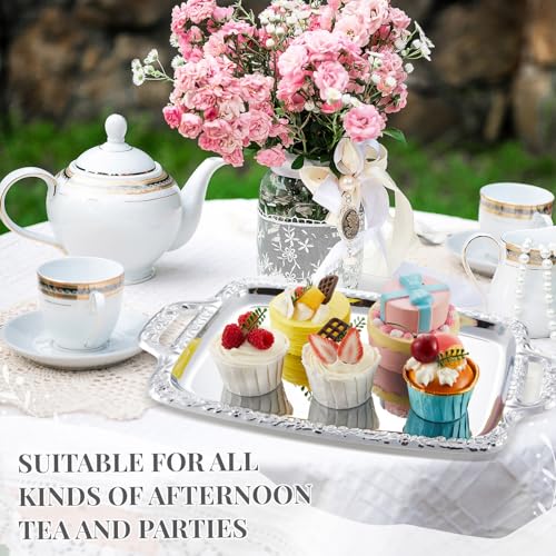2 Pcs Silver Serving Tray Elegant Floral Metal Plate Silver Platter Tray for Summer Buffet Wedding Party Jewelry Decorative (Oblong with Handle) - style: Oblong