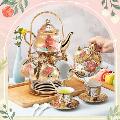 Zhehao 20 Pcs Porcelain Tea Set with Metal Holder and Spoon Adult Ceramic Tea Set European Flower Painting Teapot Cup Saucer Spoon for Women Mom Gift, Large Version (Stylish Style) - color: Stylish Style