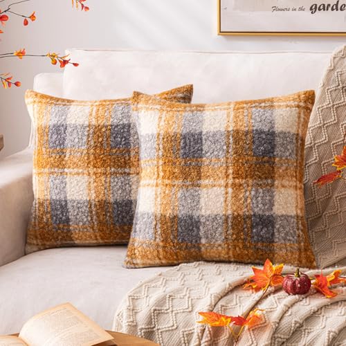 AQOTHES Plaid Fall Throw Pillow Covers Yellow Blue 20x20 Inch Set of 2 | Boucle Decorative Pillow Covers, Autumn Cozy Fluffy Home Farmhouse Decor, for Living Room Sofa Couch Bed, Holiday Decorations - color: Yellow Blue, size: 20" x 20" (Pack of 2)