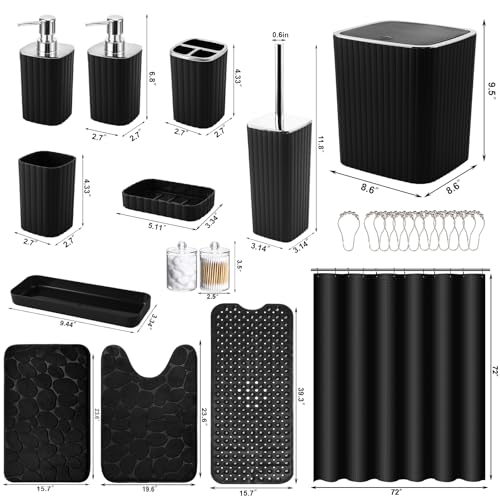 XLHOMO 26PC Bathroom Accessories Set - Gorgeous Black Bathroom Set, Bathroom Accessory Set, Black Shower Curtain Set with Bathtub Mats for Shower Tub - size: Bath Set+Bathtub Mat+Shower Curtain&Rugs, style: Black&Silver