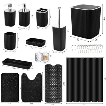XLHOMO 26PC Bathroom Accessories Set - Gorgeous Black Bathroom Set, Bathroom Accessory Set, Black Shower Curtain Set with Bathtub Mats for Shower Tub - size: Bath Set+Bathtub Mat+Shower Curtain&Rugs, style: Black&Silver