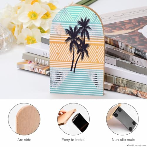 Palm Tree Geometric Pattern Bookends Wooden Bookend with Metal Base Non-Slip Book Stopper Heavy Duty Wood Book End Modern Bookends for Shelves for Bookshelf Office Supplies 1 Pair
