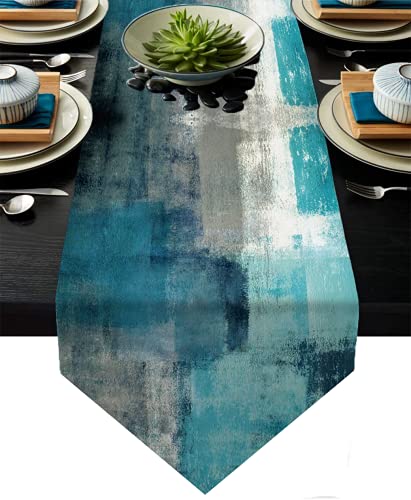 Turquoise and Grey Table Runners 90 Inches Long,Teal Abstract Modern Art Burlap Table Runners for Table Dresser Runner Farmhouse Style for Dinner Party Holidays Home Decoration - color: Turquoise Grey, size: 13"x 91"