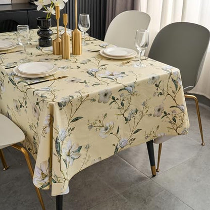 Pioggia Vinyl Tablecloth with Flannel Backing - Waterproof, Oil-Proof, Easy to Clean -Rectangle Plastic Table Cloth - Perfect for Dining Tables, Kitchen Tables, Parties - color: Beige Flower, size: 102" x 60" (Rectangular)