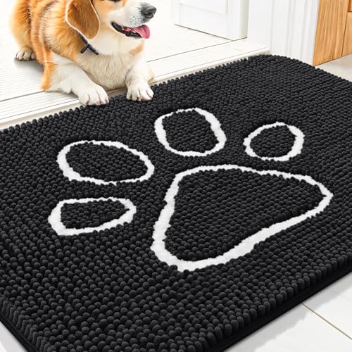 Smiry Dog Door Mat for Muddy Paws, Absorbent Non Slip Dirt Trapper, 30x20 | Black and White, Quick Dry Washable Chenille Mat for Mud Dogs, Entry Rug for Indoor and Outdoor - color: Black and White, size: 30"X20"