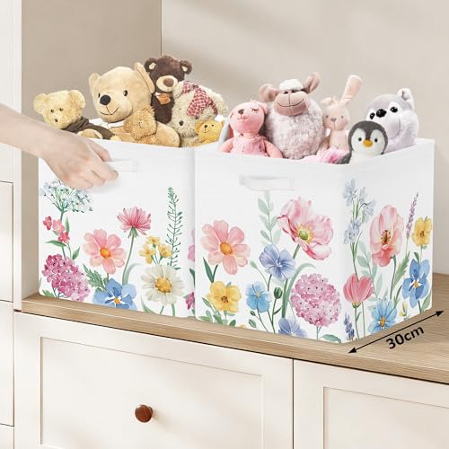 Clastyle 11.8" Flower Storage Basket Set of 3 for Kid Women Toy Clothes Bin | Collapsible Fabric Book Bin, Metal Frame Bottom Board, Cube Organizer, Closet Nursery Pantry Shelf Bedroom, Watercolour - color: Watercolour