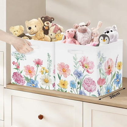 Clastyle 11.8" Flower Storage Basket Set of 3 for Kid Women Toy Clothes Bin | Collapsible Fabric Book Bin, Metal Frame Bottom Board, Cube Organizer, Closet Nursery Pantry Shelf Bedroom, Watercolour - color: Watercolour