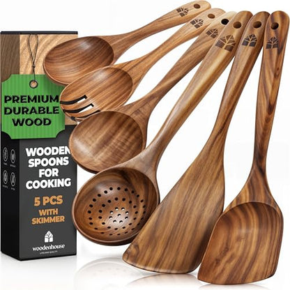 Wooden Spoons for Cooking, Teak Wood Kitchen Utensil Set – Multipack | Comfortable Grip, Non-Stick, Food-Safe & Easy to Clean Natural Cookware - size: 6 piece set