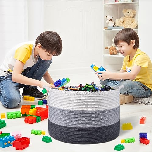 COMSE Large Woven Blanket & Laundry Basket, 87L, White & Gray | 21.7" x 13.8", Cotton Rope, Nursery Hamper for Storage of Toys Clothes Towels, Ideal for Living Room Bedroom Bathroom - color: White & Light Gray & Dark Gray
