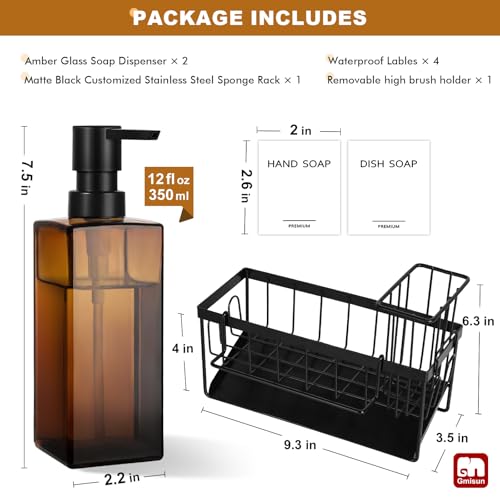 GMISUN Dish Soap Dispenser, 12 Fl oz / 350 ml Dual Soap Dispenser with Sponge Holder, Customized Amber Glass Kitchen Soap Dispensers Set, Modern Hand and Dish Soap Dispensers Set Removable - color: Amber Bottle + Black Rack