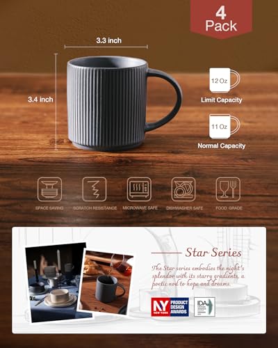famiware Coffee Mug Set of 4, Star 12 oz Ceramic Mugs Cups Set with Handle | Stoneware Stackable Catering Cup for Coffee, Tea, Cappuccino, Latte, Microwave & Dishwasher Safe, Matte Dark Charcoal - color: Star-Matte Dark Charcoal, size: 4 Count (Pack of 1)