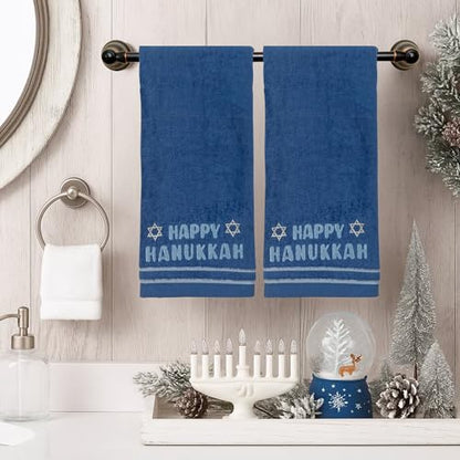 Hanukkah Bathroom Hand Towels – Set of 2 Blue 100% Cotton Embroidered “Happy Hanukkah” with Star of David Design – 25 x 16” Decorative Bath & Kitchen Towels - color: Hannukah